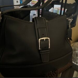 Vintage Coach Black Leather Hampton Hobo Flap Handbag, #7583